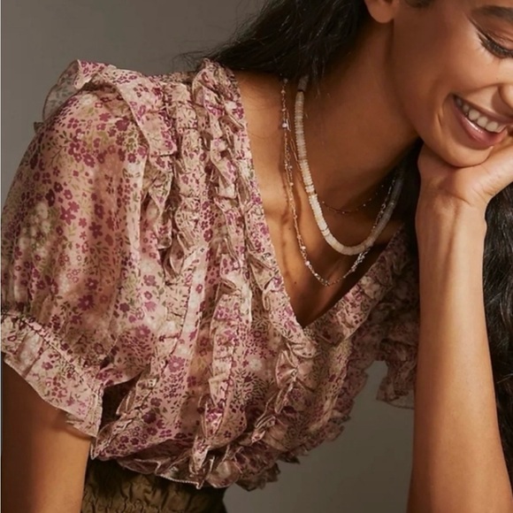 Anthropologie Tops - Anthropologie Pink Floral Flutter Sleeve Blouse